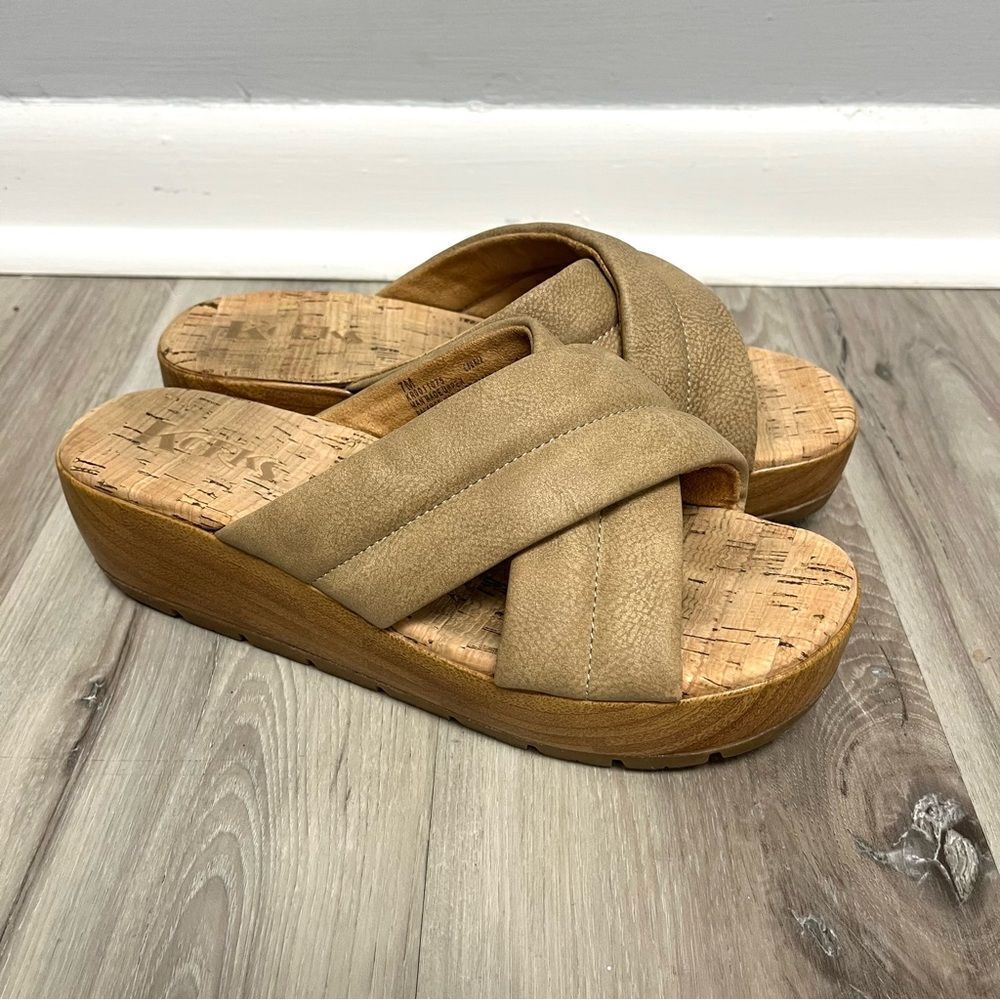 Korks Sandals Women’s‎ 7 Faithe Beige Tan Crisscross Platform Wedge
